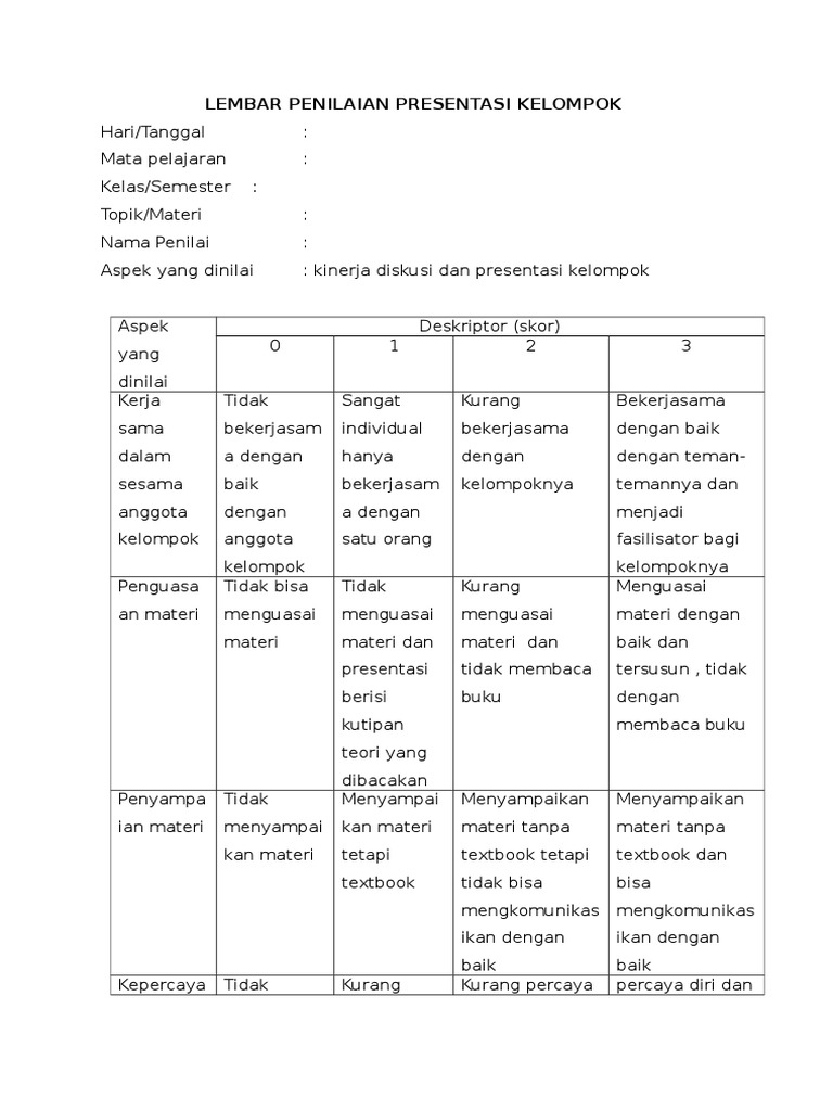 Docx Rubrik Penilaian Presentasi Kelompok Dokumen Tips - Riset