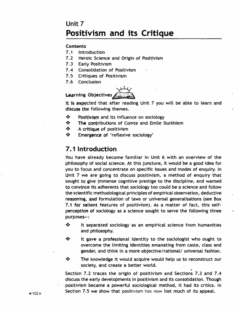 Unit7 Positivism and Its Critique PDF PDF Positivism Émile Durkheim