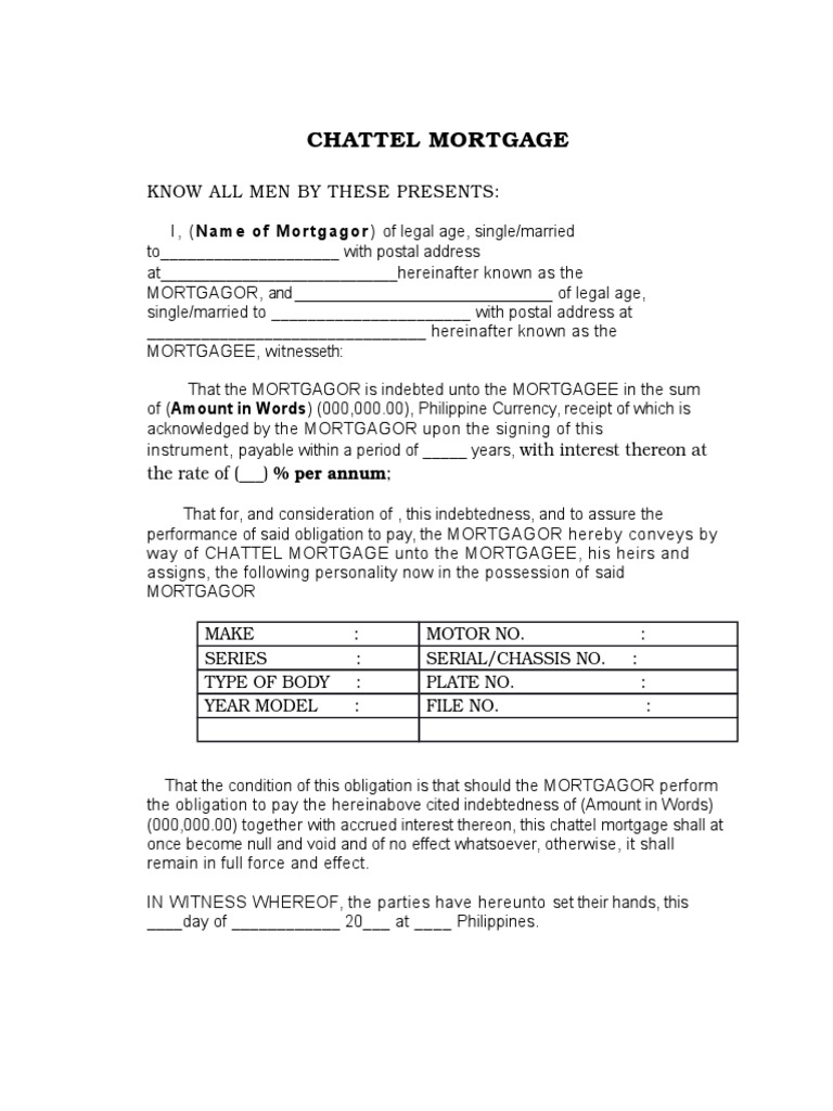 Chattel Mortgage Agreement Sample | PDF | Mortgage Law | Natural ...