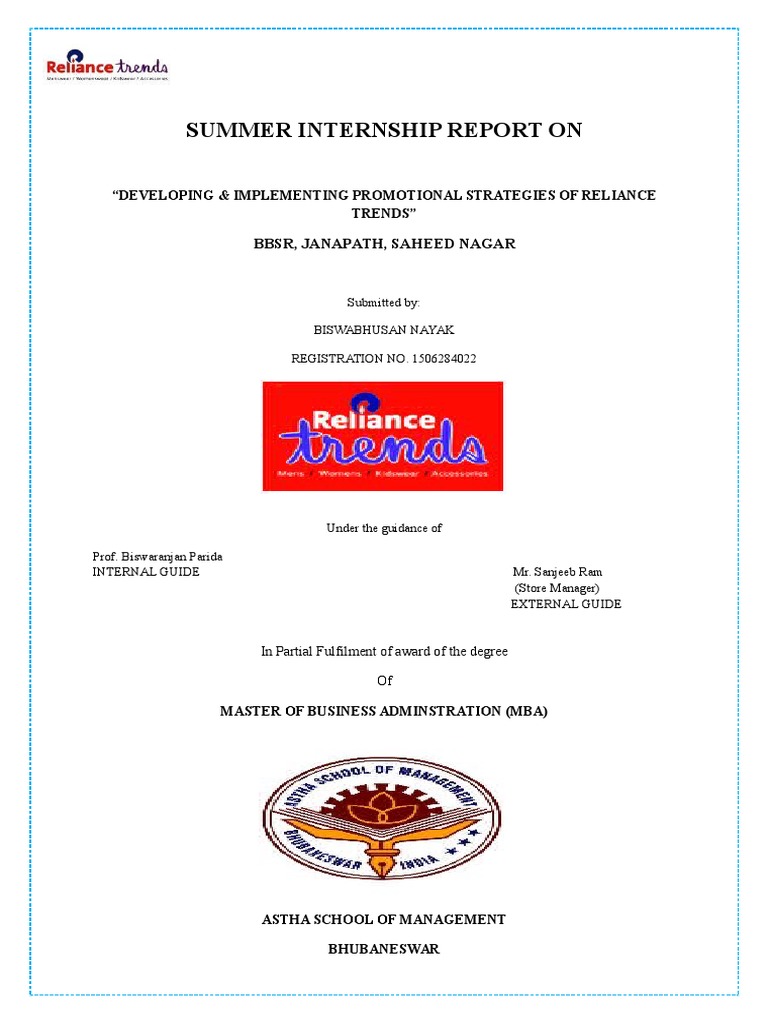 Reliance Trends Project PDF Customer Relationship Management Sales