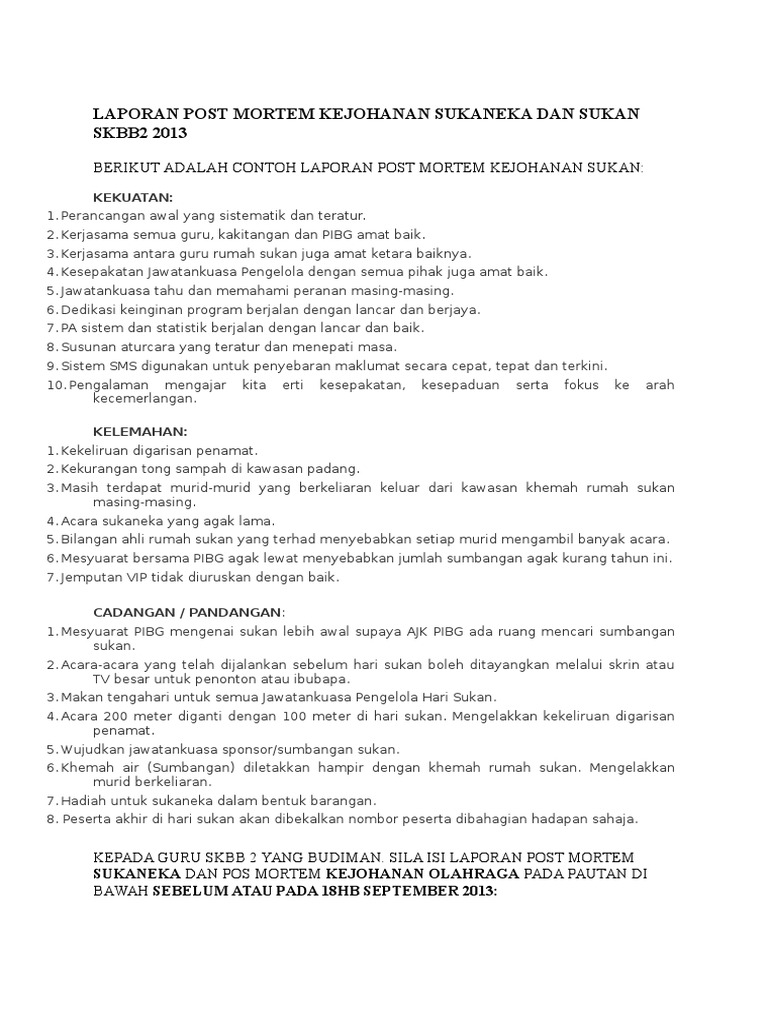 Contoh Post Mortem Hari Sukan Tahunan Pdf