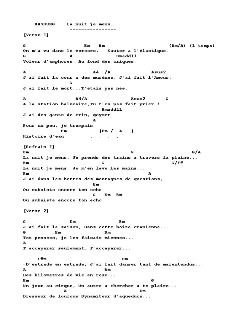 Paroles Bashung La Nuit Je Mens