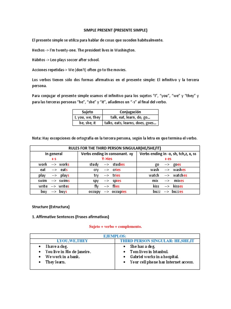 Estructura y Uso del Presente Simple | PDF | Relaciones sintácticas ...