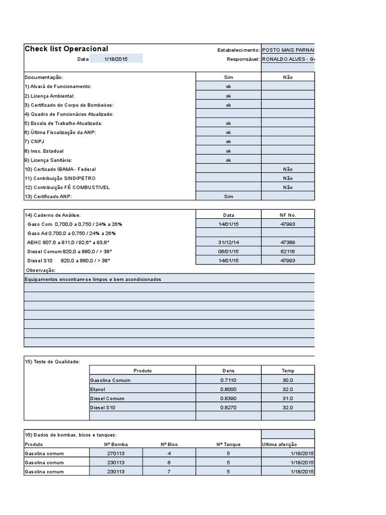Check List Operacional - Ativ 3 | PDF | Combustíveis | Substancias químicas