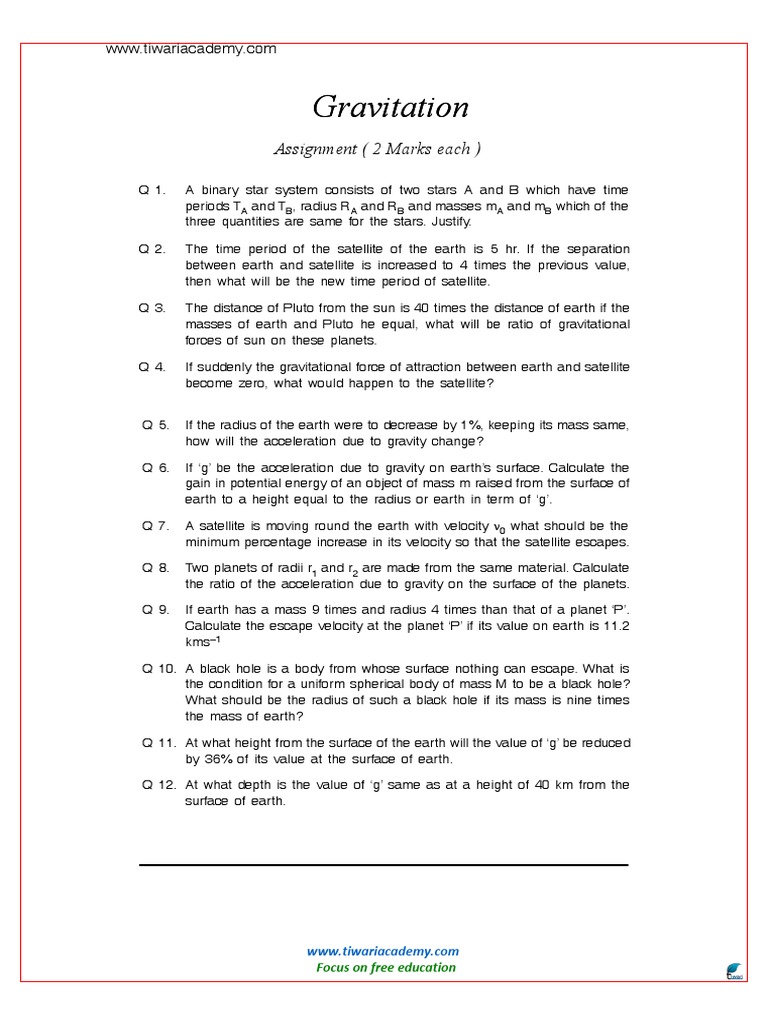 Gravitation Assignment for Class 11 | PDF | Gravity | Mass