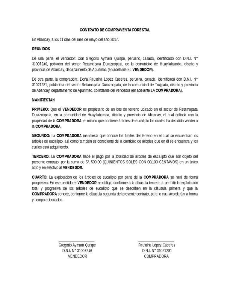 Modelo De Contrato De Compraventa De Terreno Peru