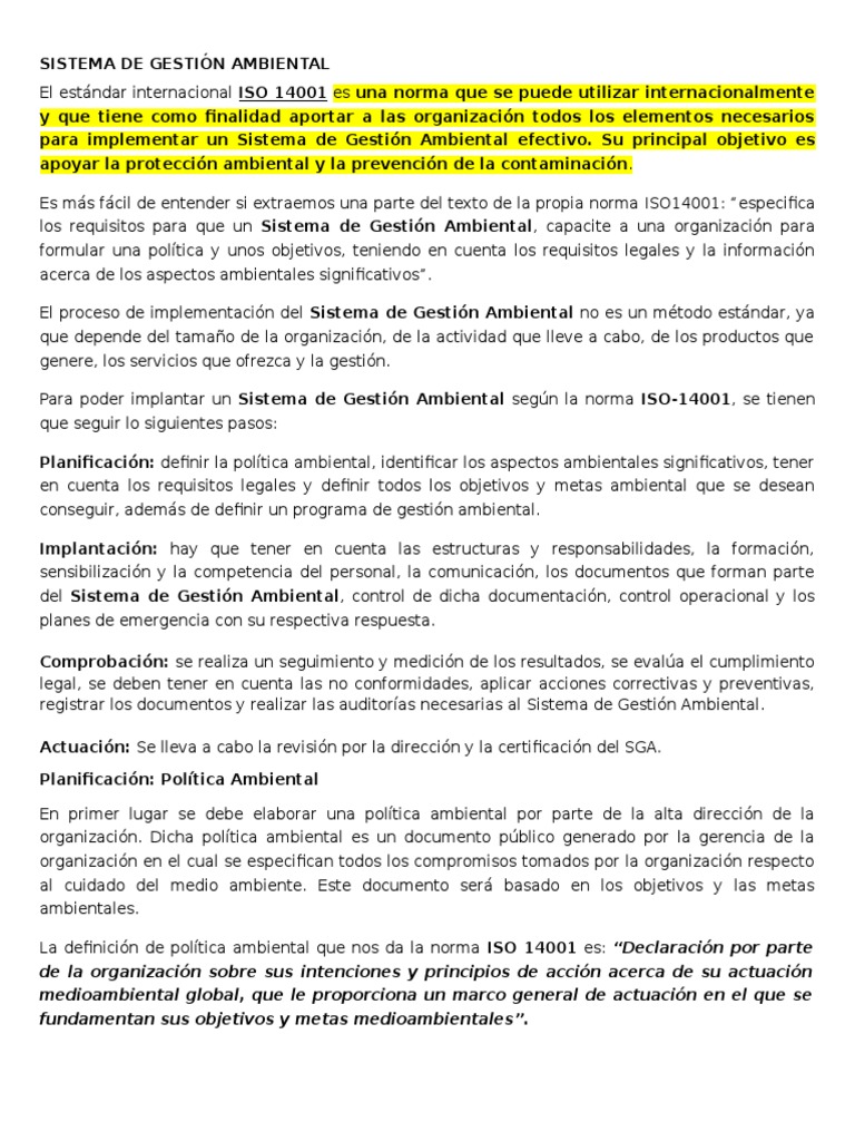 Sistema de Gestión Ambiental ISO 14001 | PDF | Planificación | Entorno ...