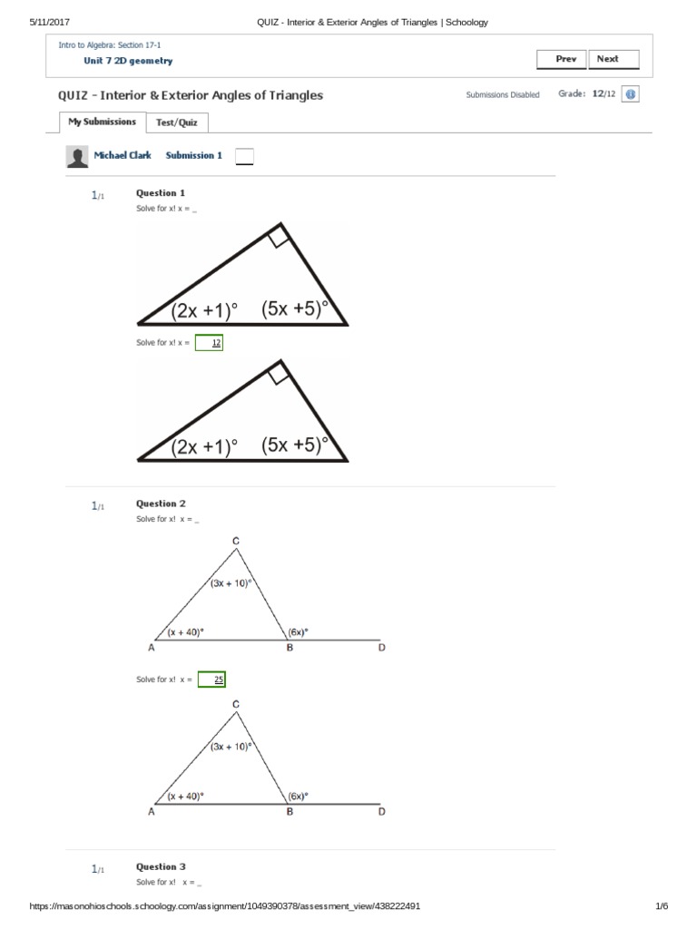 Quiz Interior Exterior Angles of Triangles Schoology PDF Geometric Shapes Triangle