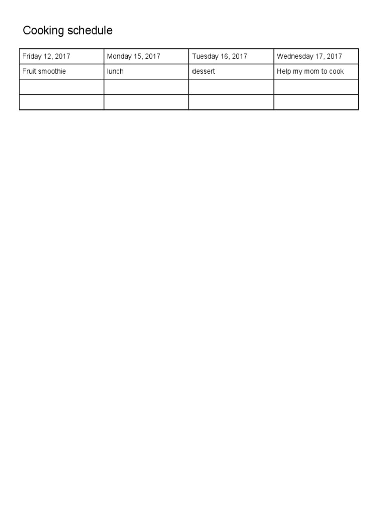 Weekly Cooking Schedule | PDF | Self-Improvement
