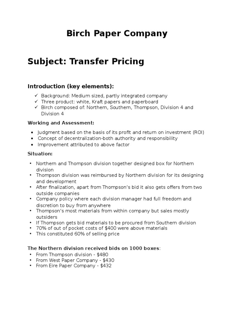 Birch Paper Company Subject Transfer Pricing Introduction (Key