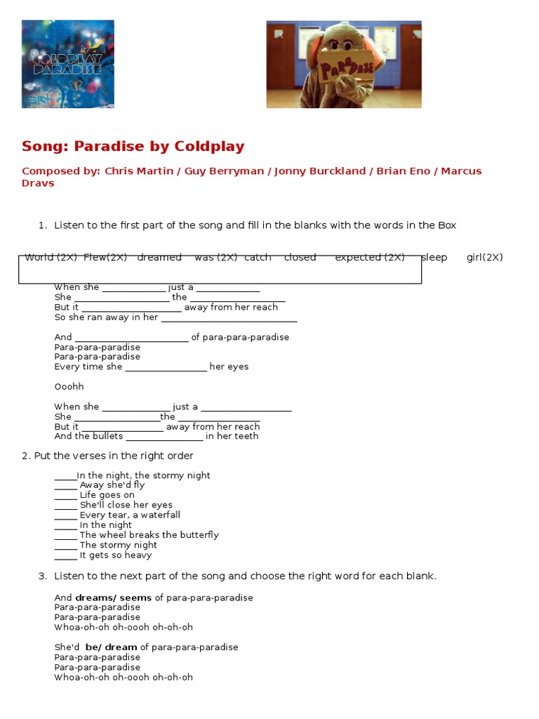 Paradise-Coldplay worksheet