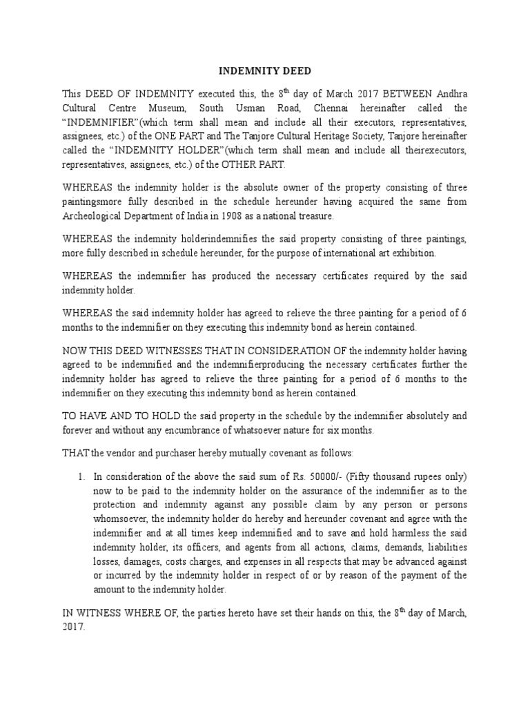 Indemnity Deed PDF Indemnity Common Law