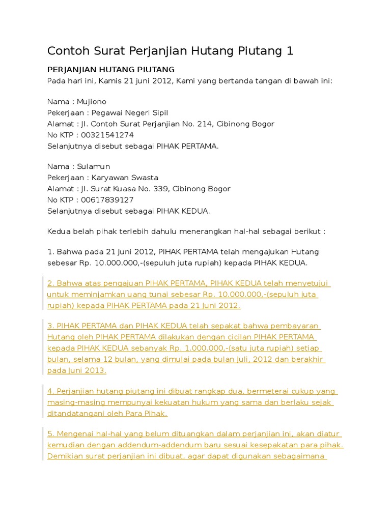 Contoh Surat Perjanjian Hutang Piutang 1