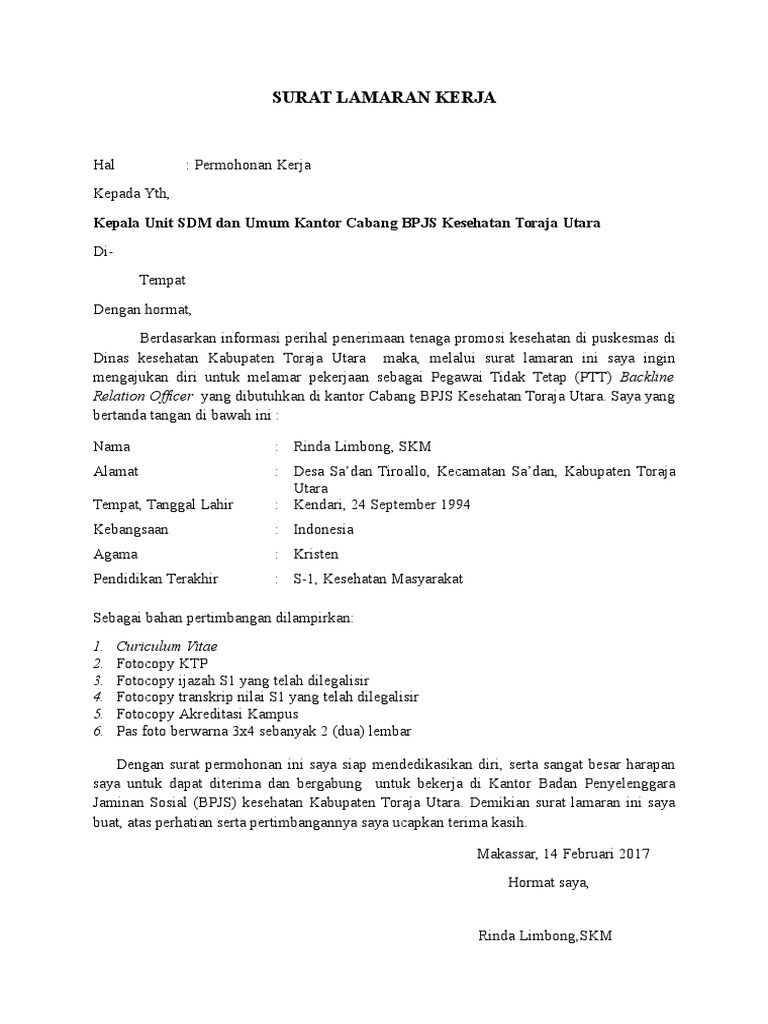 Contoh Surat Lamaran Kerja Di Bpjs Kesehatan Kumpulan