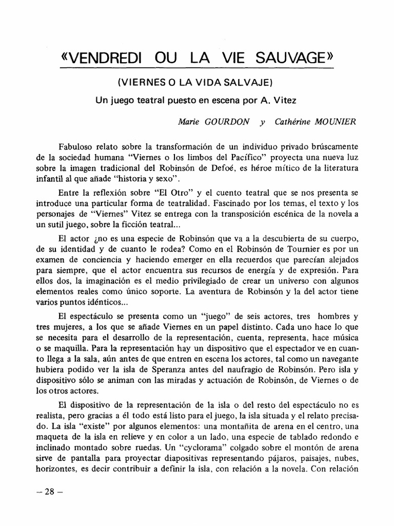 Vendredi Ou La Vie Sauvage Viernes o La Vida Salvaje Un Juego Teatral