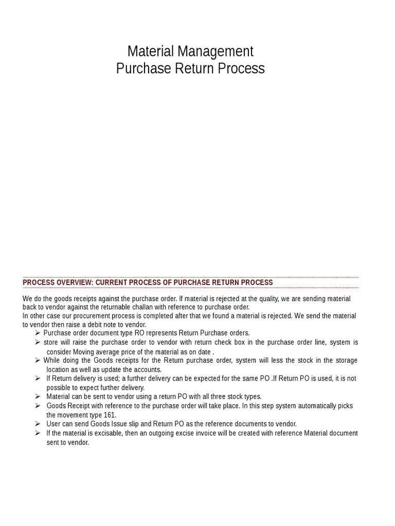SAP Purchase Return Process Overview | PDF | Business | Finance & Money ...