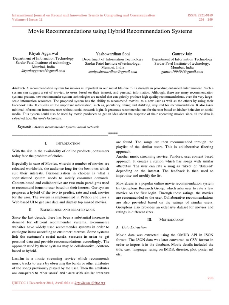 Movie Recommendations Using Hybrid Recommendation Systems | PDF