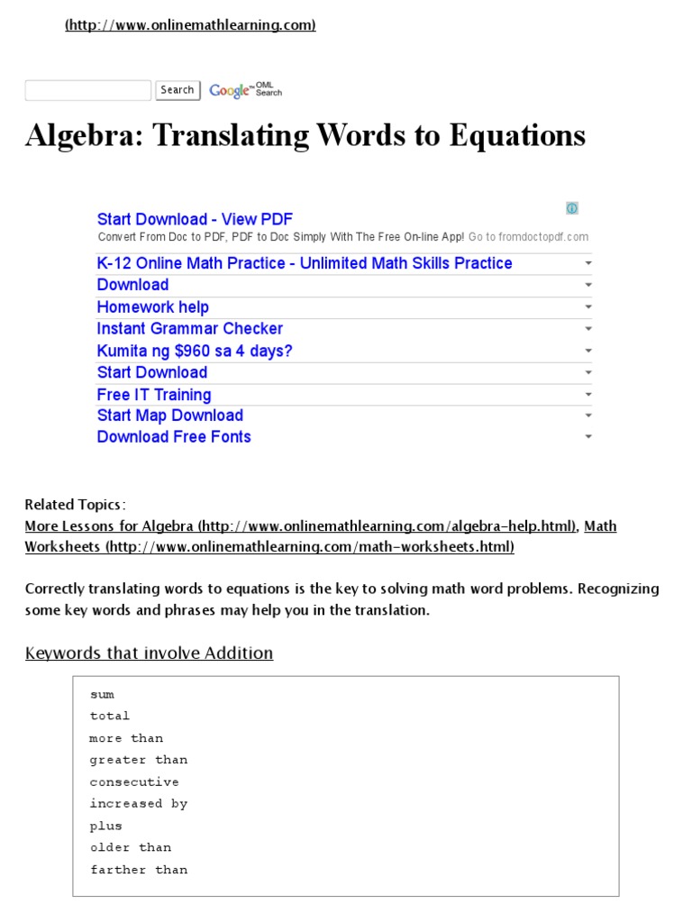 Algebra Translating Words To Equations Keywords That Involve Addition Subtraction Teaching Mathematics