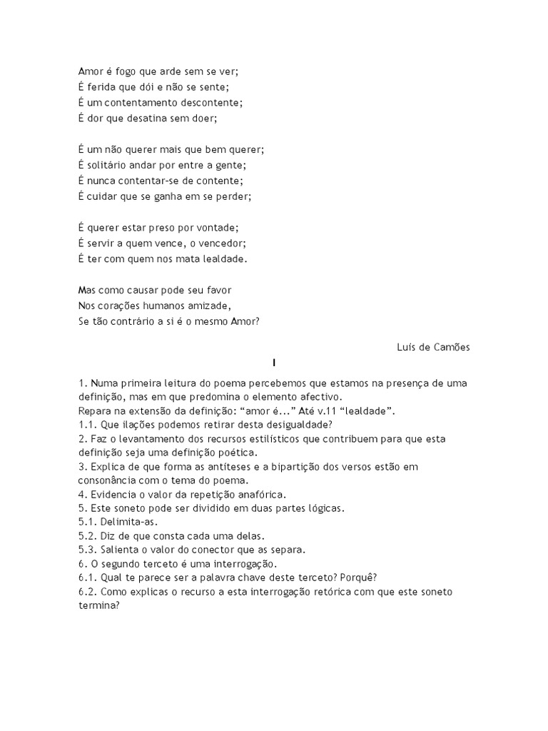 Questões Sobre O Poema Amor é Fogo Que Arde