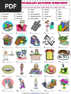 at the restaurant vocabulary matching exercise worksheet pdf waiting staff gratuity