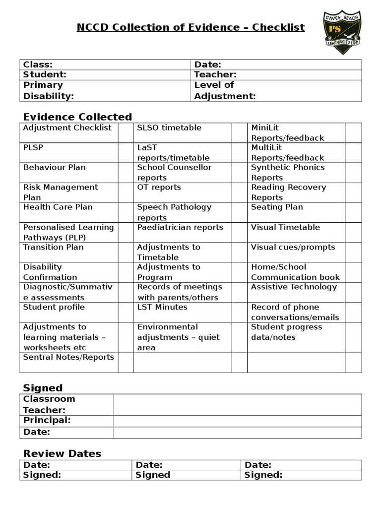 NCCD Evidence Collection Checklist | PDF | Wellness