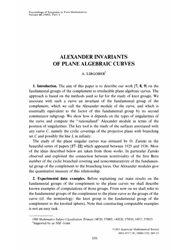 Alexander Invariants of Plane Algebraic Curves | PDF