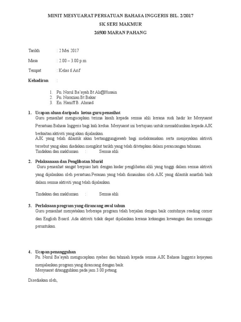 Minit Mesyuarat Persatuan Bahasa Inggeris Kali Kedua 2017
