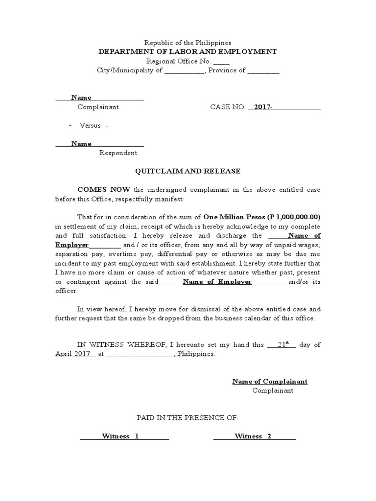 Sample Quitclaim - Labor Case | Virtue | Politics