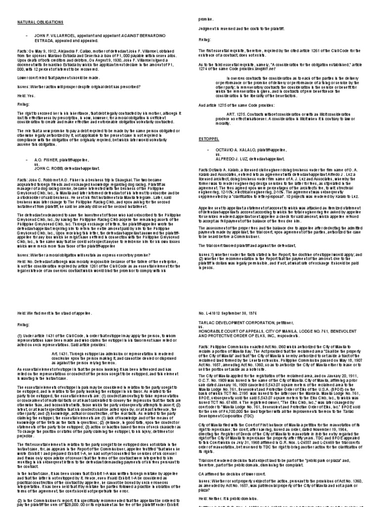 Natural Obligations and Estoppel CASE DIGEST PDF Estoppel Laches
