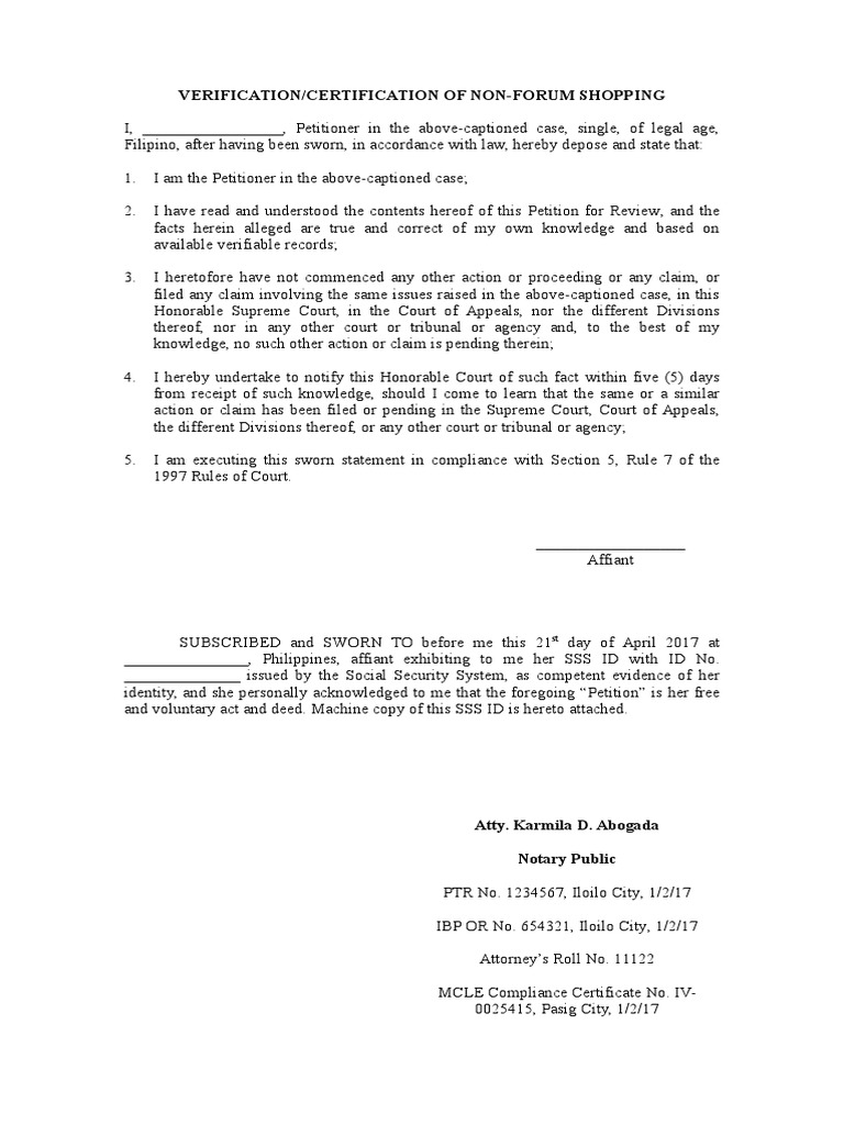 Sample Verification and Certification of Non Forum Shopping Affidavit