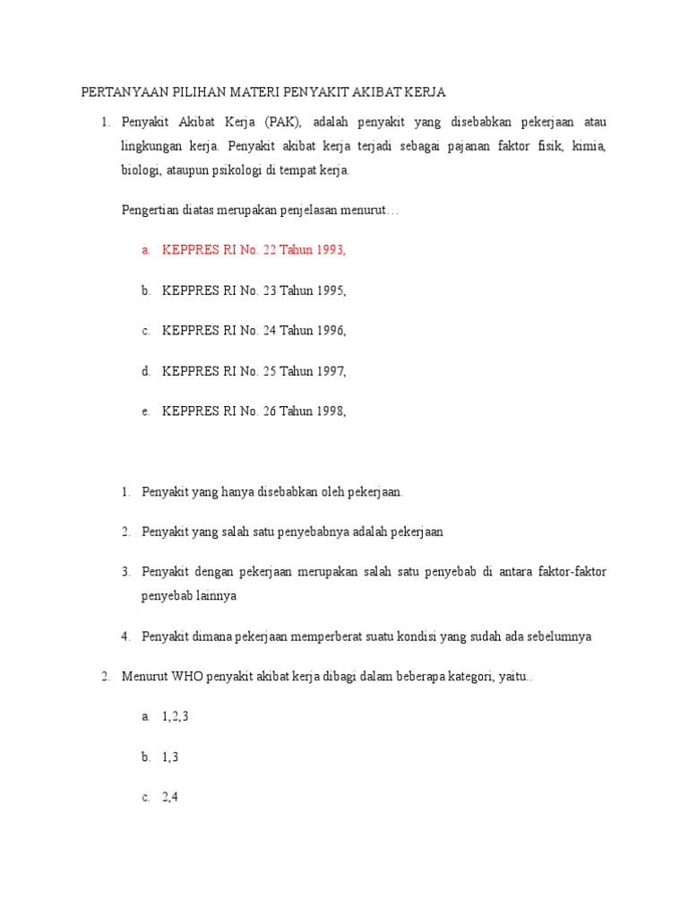 Pertanyaan Pilihan Materi Penyakit Akibat Kerja