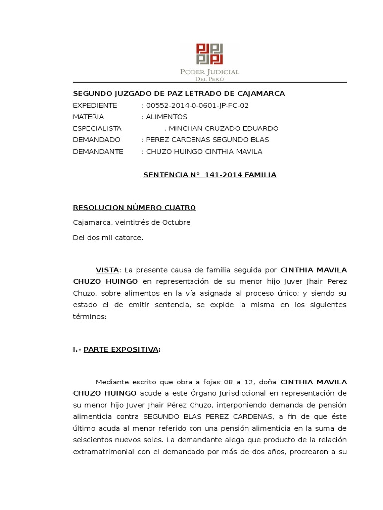 Sentencia de Alimentos Segundo Blas Manutención de los hijos Justicia