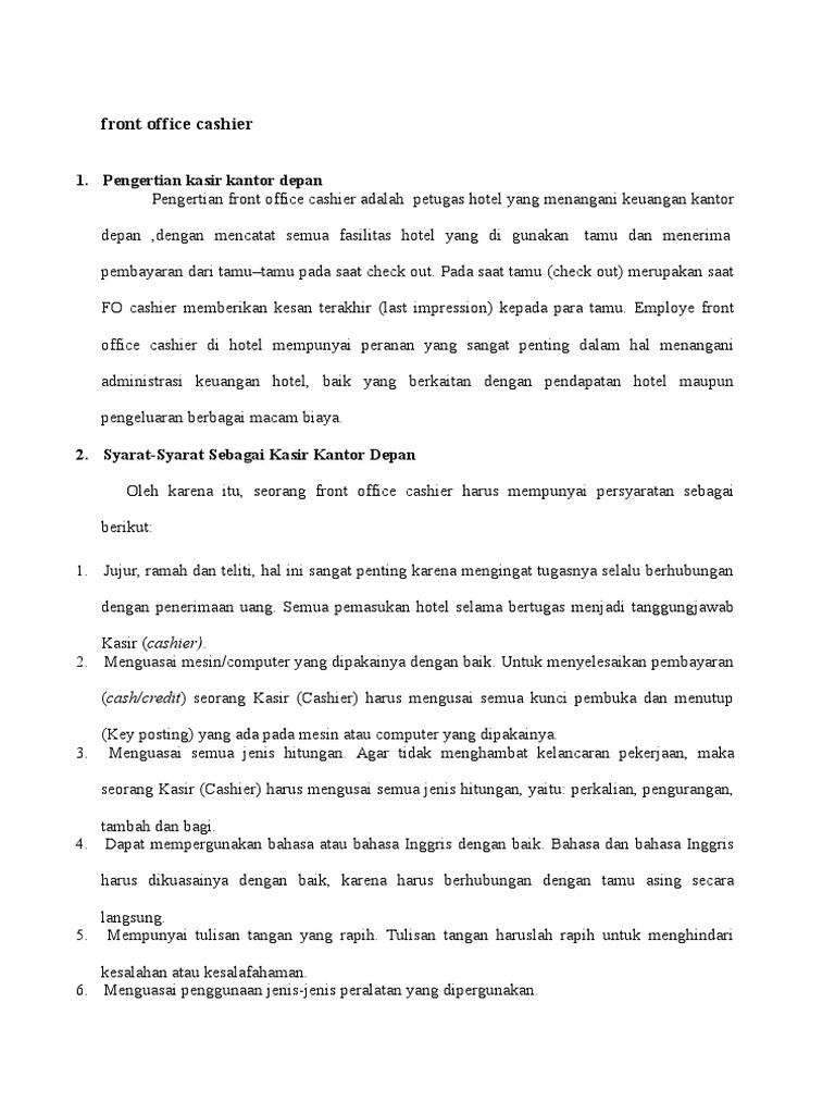 Front Office Cashier