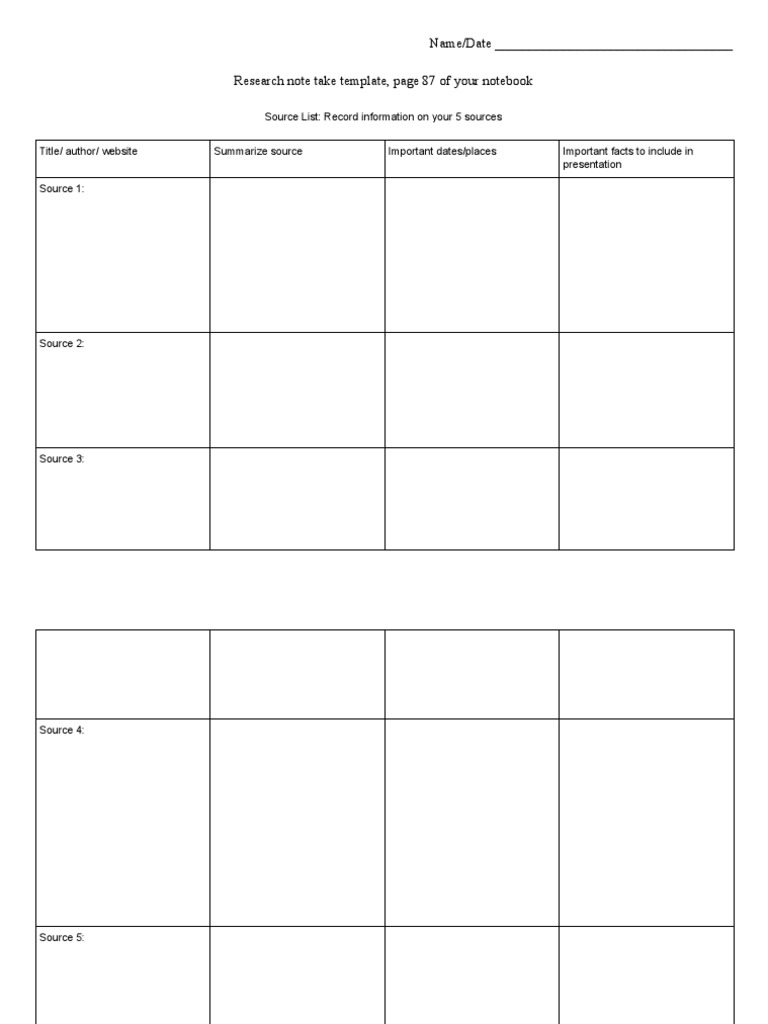 Name/Date - Research Note Take Template, Page 87 of Your Notebook | PDF ...