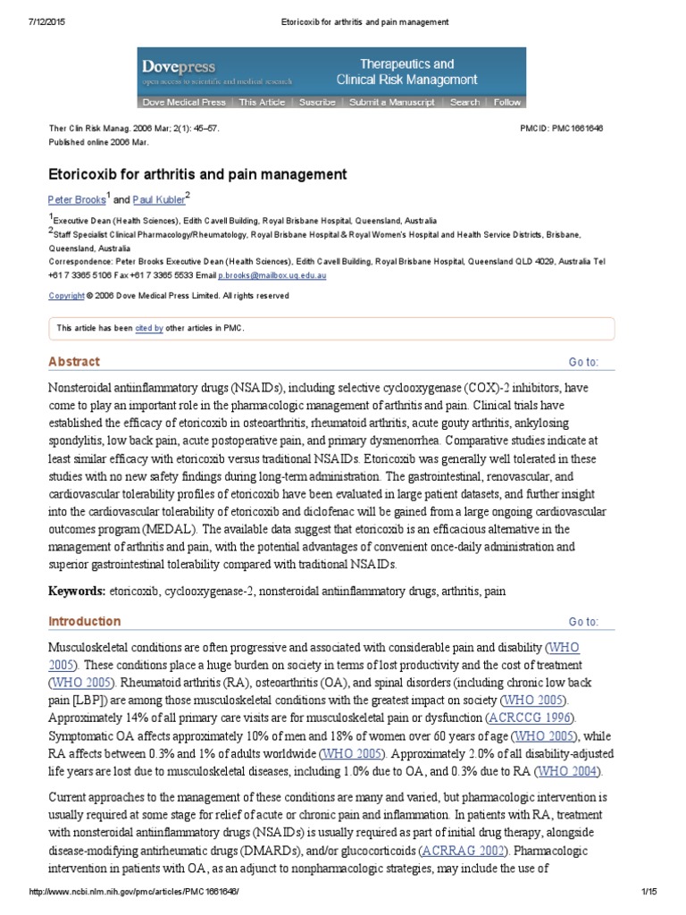 ETORICOXIB FOR ARTHRITIS AND PAIN MANAGEMENT intelligence overview