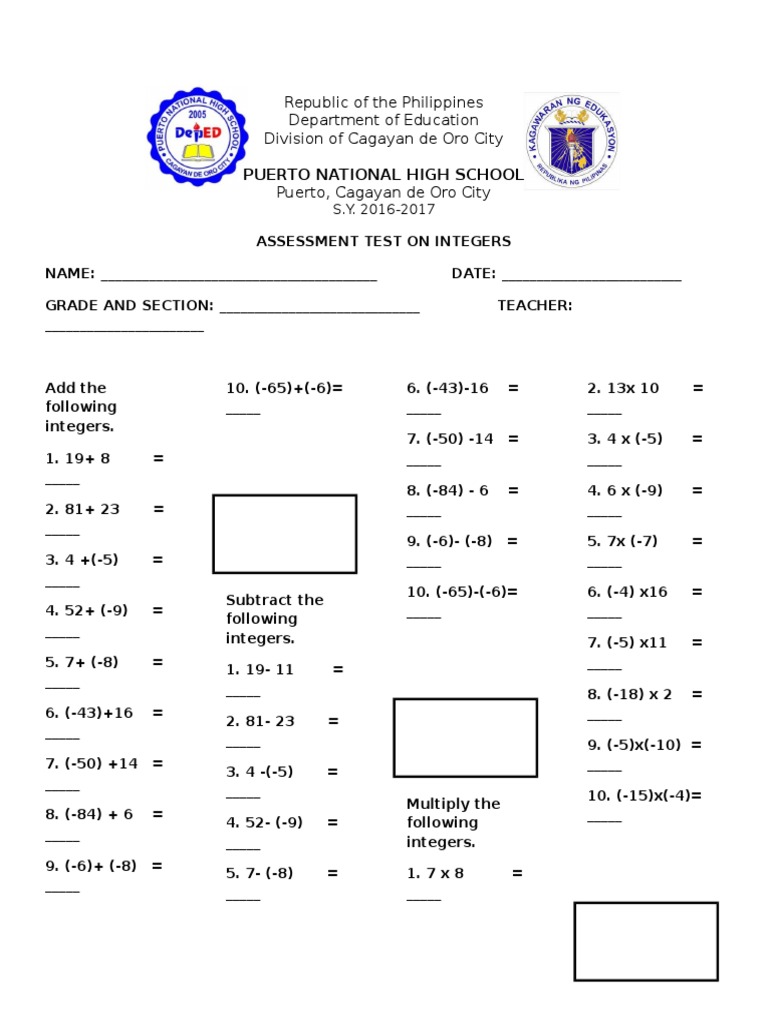 Pre-Assessment On Integers | PDF | Arithmetic | Numbers