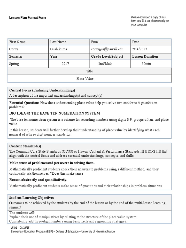 2nd Grade Math Lesson Plan: Place Value | PDF | Lesson Plan ...