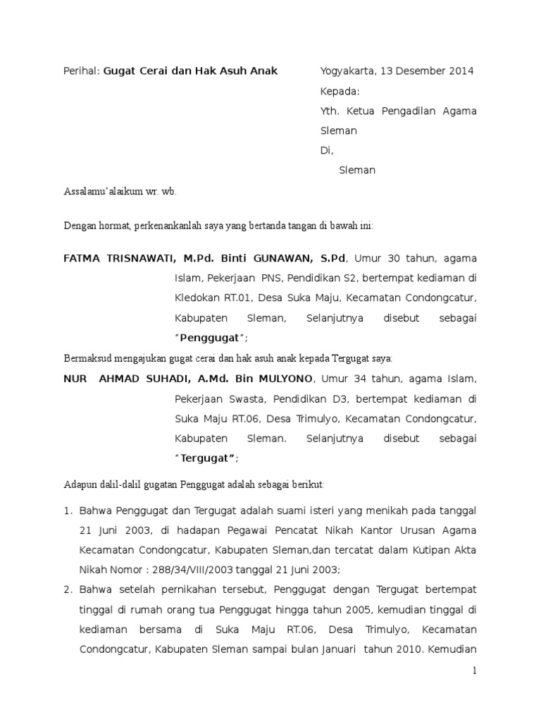 Surat Gugatan Cerai Dan Hak Asuh Anak