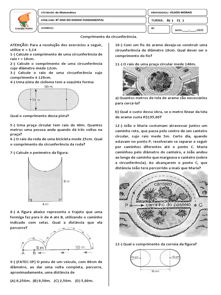 Exercícios sobre Comprimento da Circunferência | PDF | Círculo | Metro