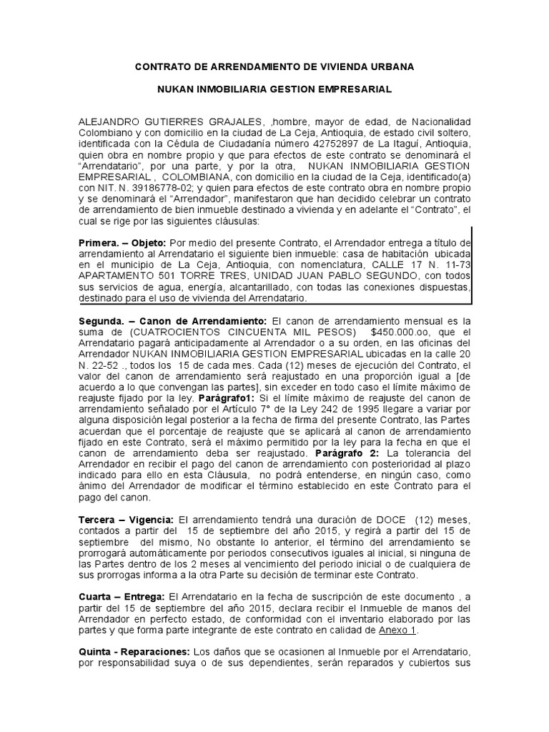 Contrato De Arrendamiento De Vivienda Urbana Docx Alquiler Pagos