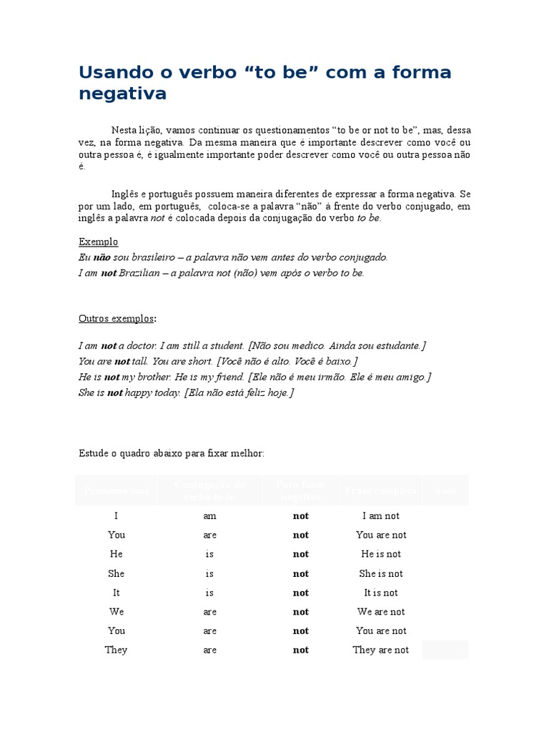 Verbo "to be" na forma negativa | PDF | Pronome | Assunto (gramática)