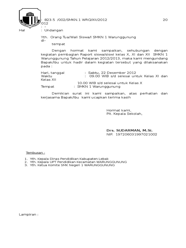 Surat Undangan Pembagian Raport Murid 2012 2013 Smkn 1 Wargun Doc