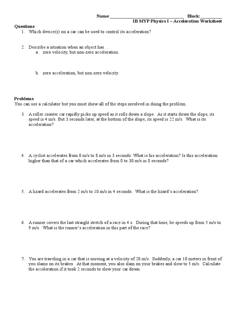worksheet Acceleration Problems Worksheet worksheet acceleration velocity