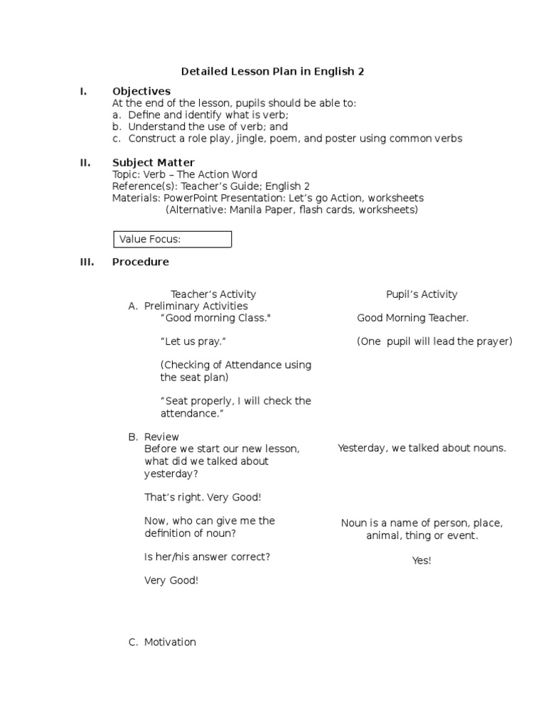 Lesson Plan Verb Objectives