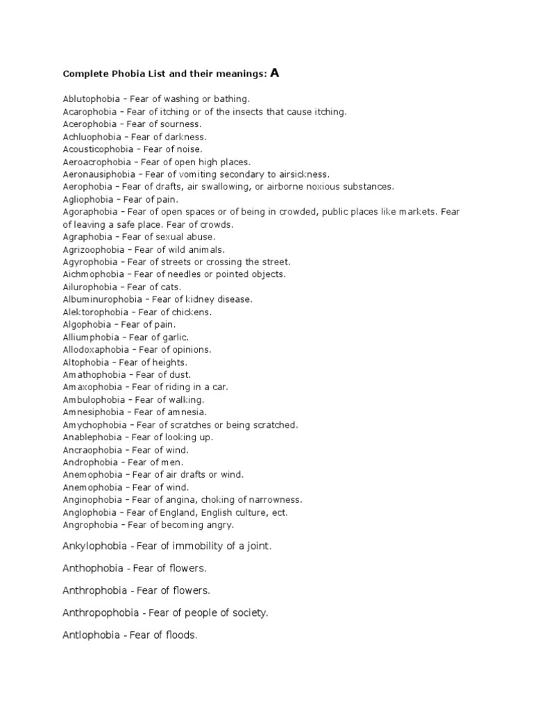Complete Phobia List And Their Meanings docx Phobia Agoraphobia
