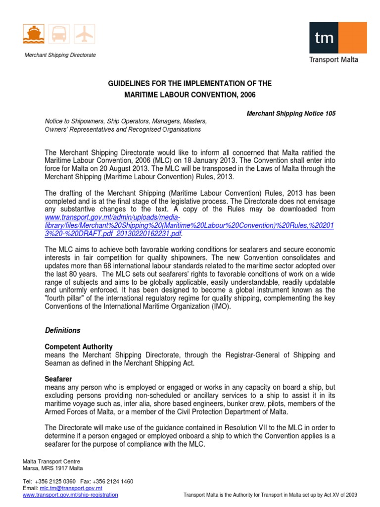 Notice 105 - Guidelines for the Implementation of the Maritime Labour  Convention 2006 (1) | Occupational Safety And Health | Sailor