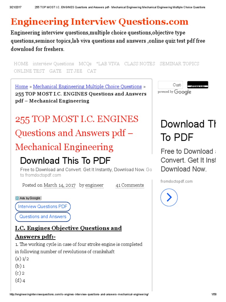 255 Top Most I.C. Engines Questions and Answers PDF Mechanical