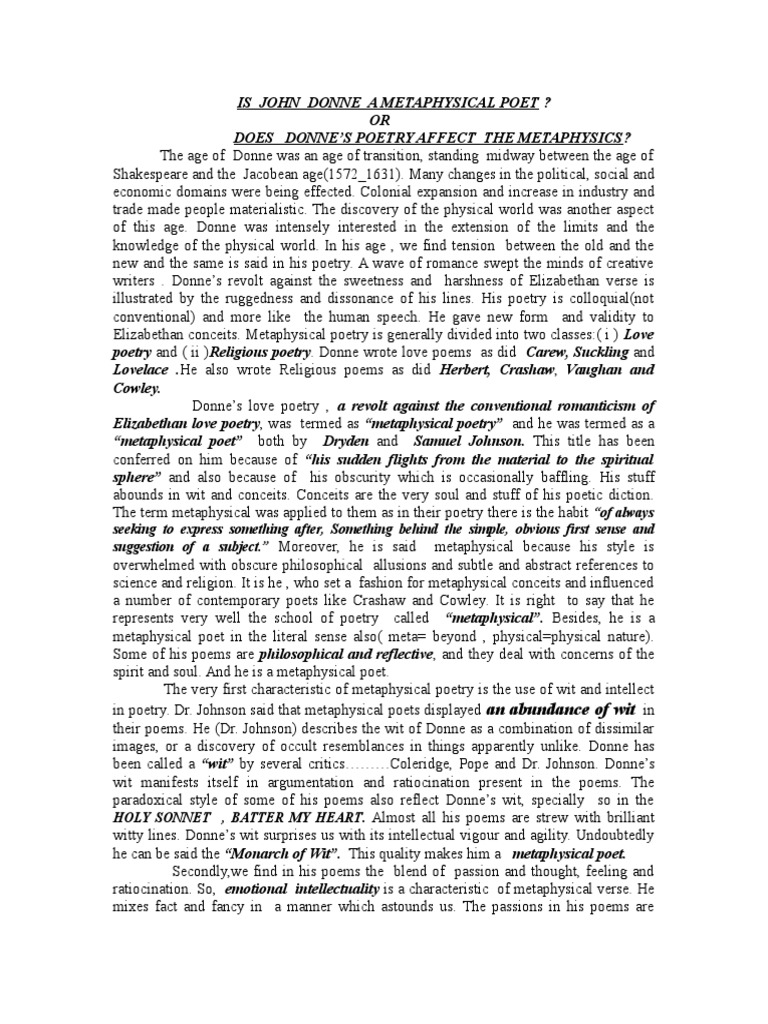 Is John Donne as a Metaphysical Poet English Literature Poetry