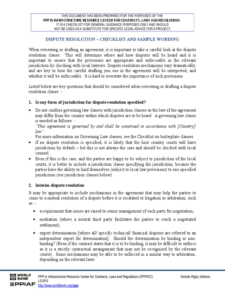 Dispute Resolution - Checklist and Sample Wording: 1. Is Any Form of ...