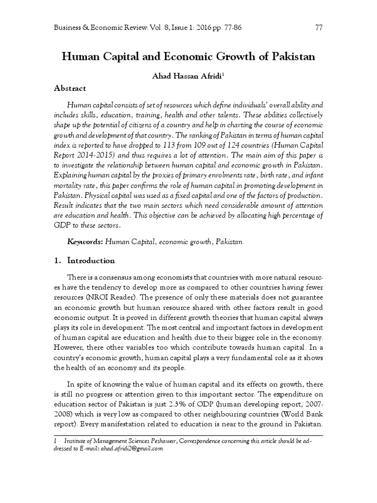 Human Capital and Economic Growth of Pakistan: Ahad Hassan Afridi | PDF ...